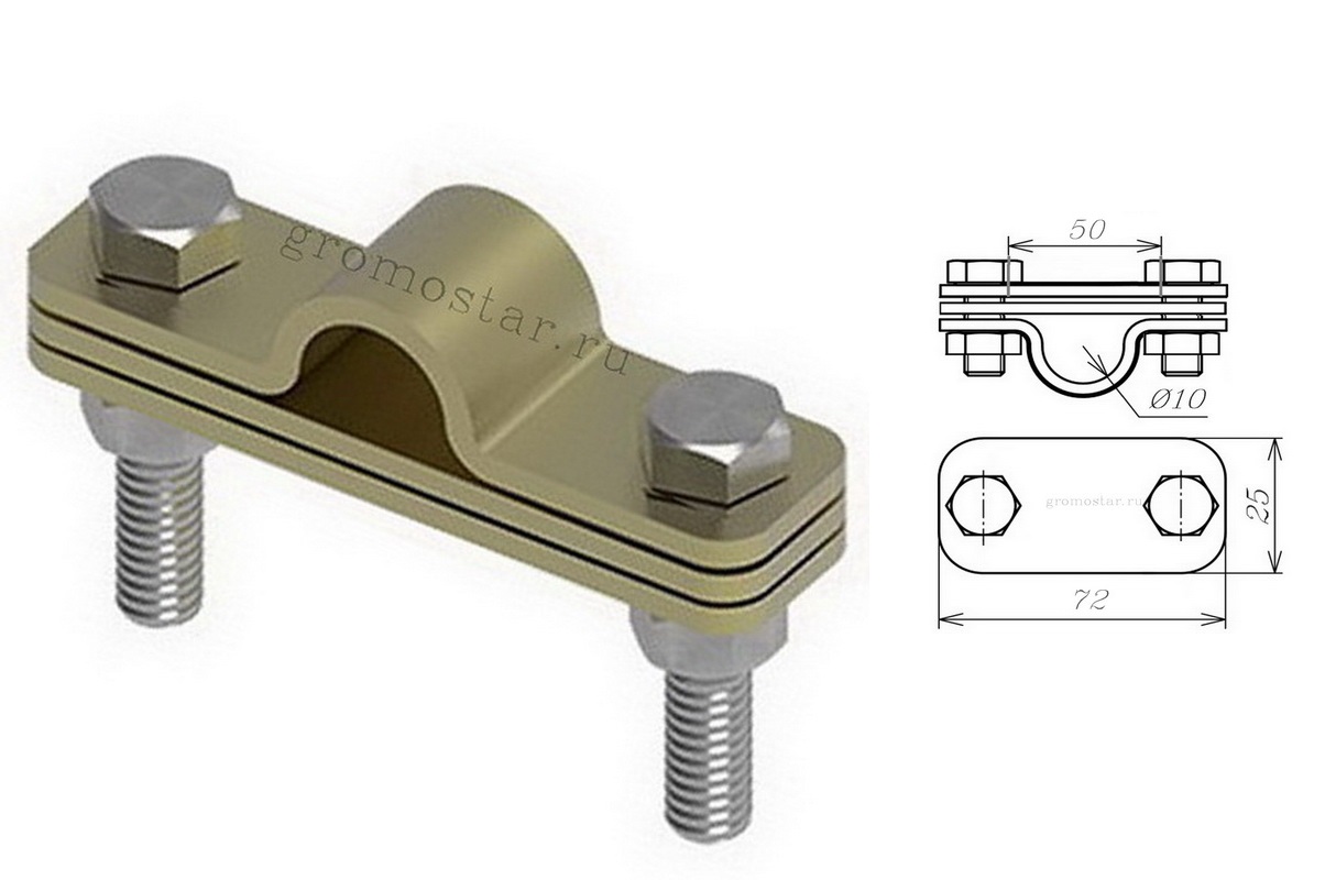 Соединитель параллельный с пластиной для проводника круглого Ø10 мм и плоского до 50 мм из латуни